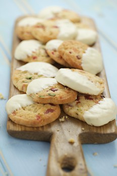 Chocolate Dipped Cherry Cookies with pistachio nuts